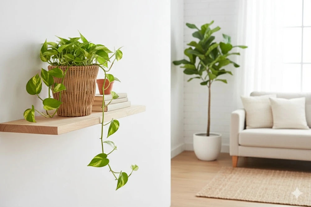 Cozy living room with trailing pothos on wooden shelf, fiddle leaf fig, and neutral sofa for modern home decor