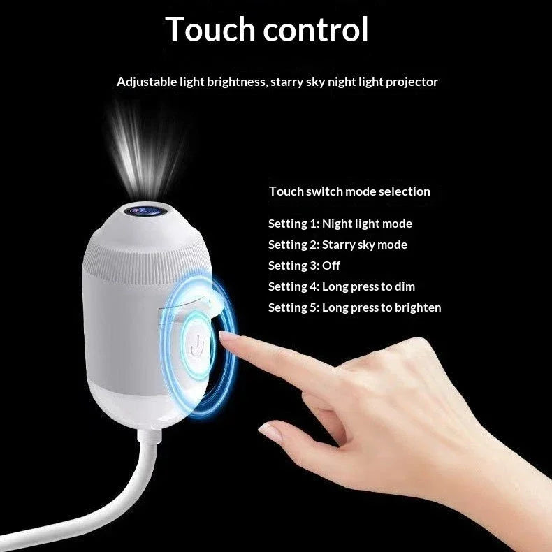 Touch control starry sky night light projector with adjustable brightness for cozy bedroom ambiance