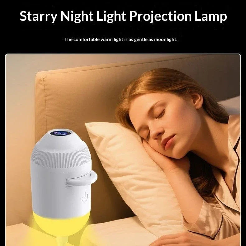 Starry night light projector lamp casting warm glow beside sleeping woman in cozy bedroom