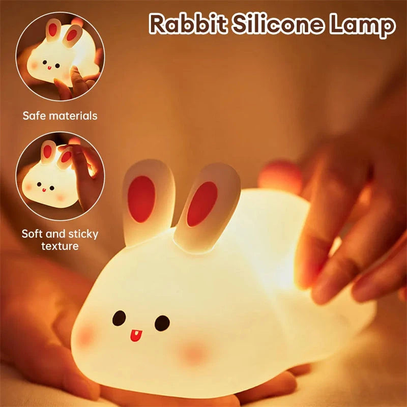 Adorable rabbit silicone night light with soft glow, safe materials, and sticky texture for kids' rooms