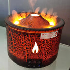Volcanic-style flame effect essential oil diffuser with glowing LED lights and mist output