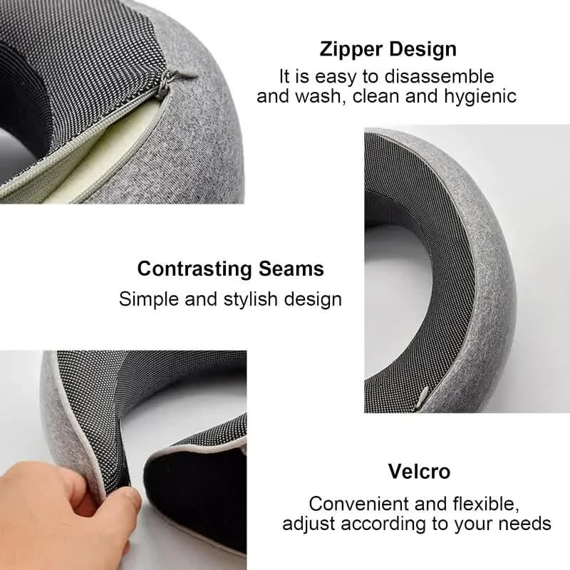Gray neck pillow with zipper, contrasting seams, and velcro strap for adjustable comfort and easy cleaning