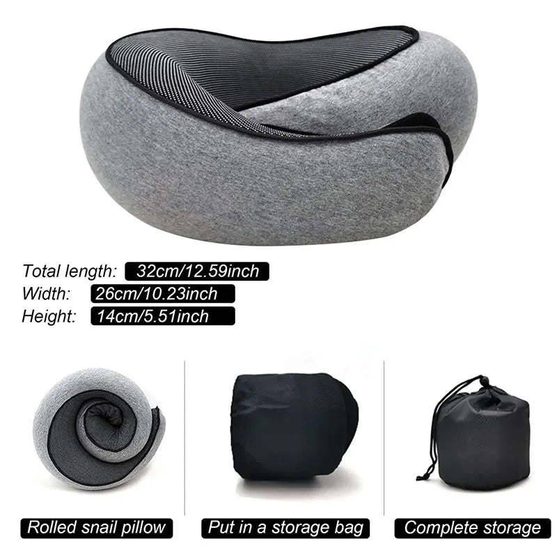 Gray snail-shaped travel pillow with mesh panel, rolls compactly into storage bag for easy portability