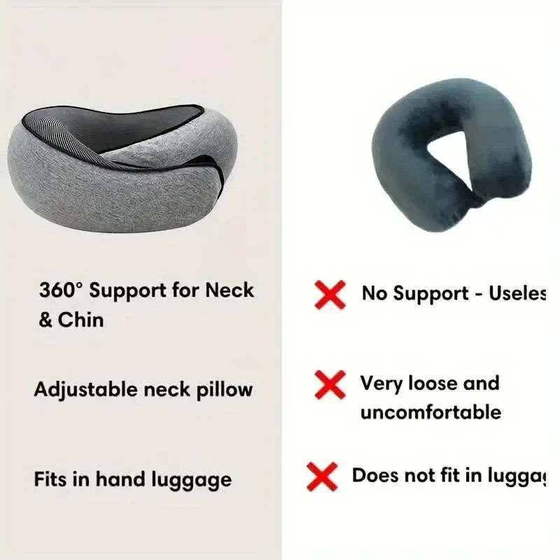 Adjustable travel neck pillow with 360° support, fits hand luggage, vs. loose U-shaped pillow