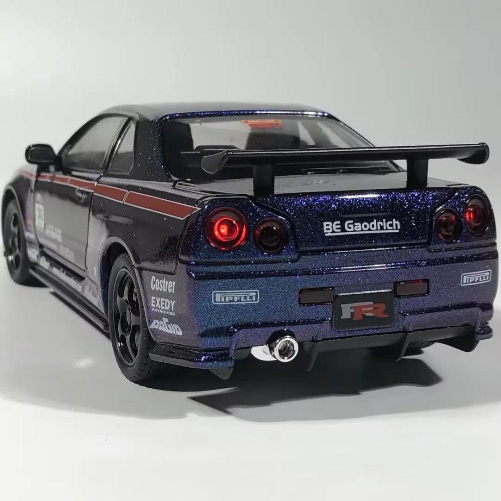 Blue glitter Nissan GT-R diecast model with rear spoiler, red taillights, and racing decals
