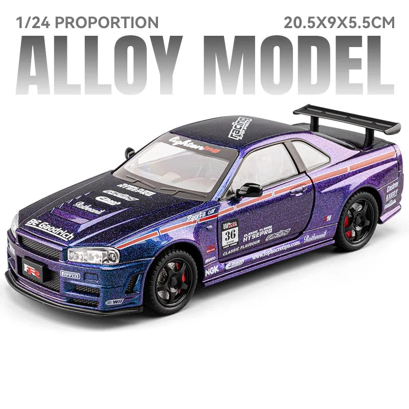 1/24 scale purple alloy model car with racing decals and rear spoiler, detailed collectible toy