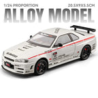 1/24 scale white alloy model car with red racing stripes, black rims, and detailed decals for collectors