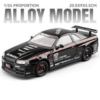 1/24 scale black alloy model car with racing decals, red rims, and rear spoiler, 20.5x9x5.5cm