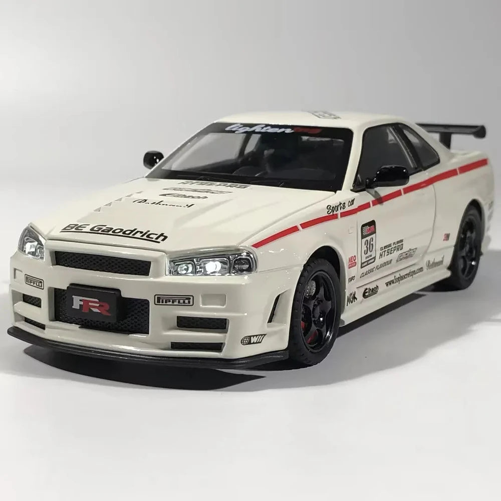 White Nissan Skyline GT-R diecast model with racing decals, black rims, and rear spoiler on clean background
