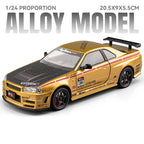 1/24 scale gold alloy model car with carbon fiber hood and racing decals, detailed diecast toy
