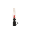 Black oil lamp with clear glass chimney and red flame bulb, cozy home decor accent