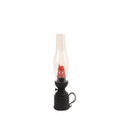 Black oil lamp with clear glass chimney and red flame bulb, cozy home decor accent