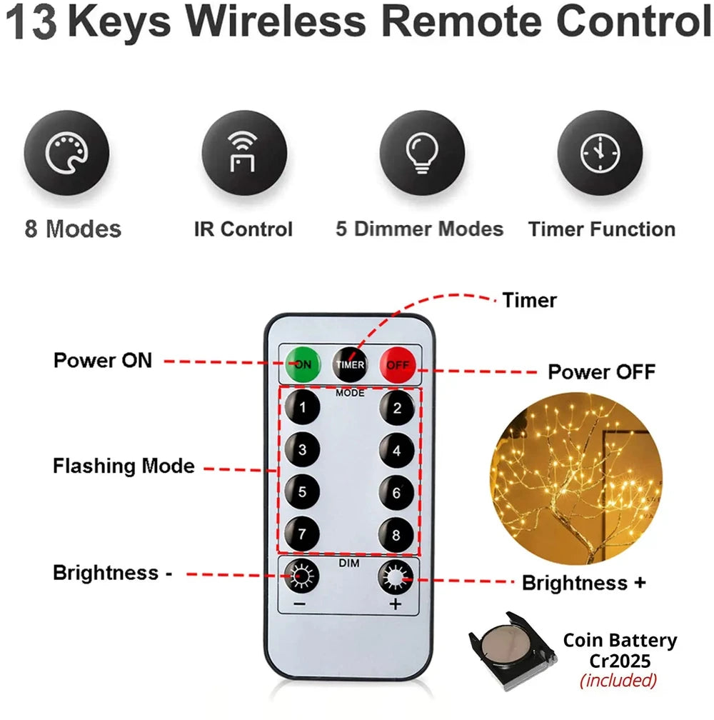 13-key wireless remote control for LED lights with timer, dimmer, 8 modes, IR control, and included CR2025 battery
