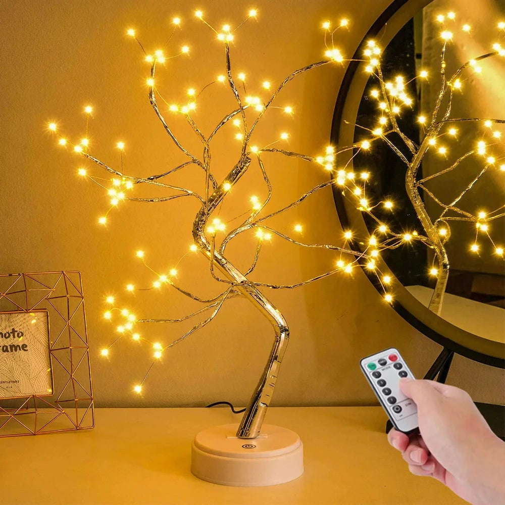 LED tree lamp with remote control, warm glow for cozy bedroom or living room decor