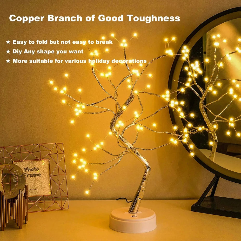 Warm LED tree lamp with bendable copper branches for cozy home or holiday decor