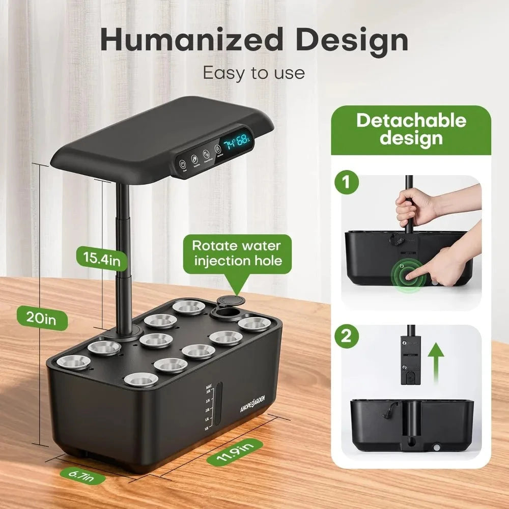 Smart indoor herb garden with LED grow light, detachable design, and digital controls for easy home gardening