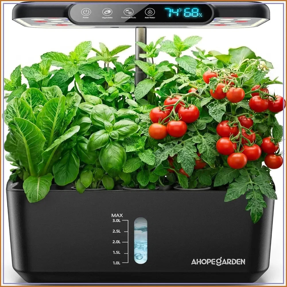 Smart indoor herb garden with tomatoes, basil, mint, LED grow light, and digital controls for home gardening.