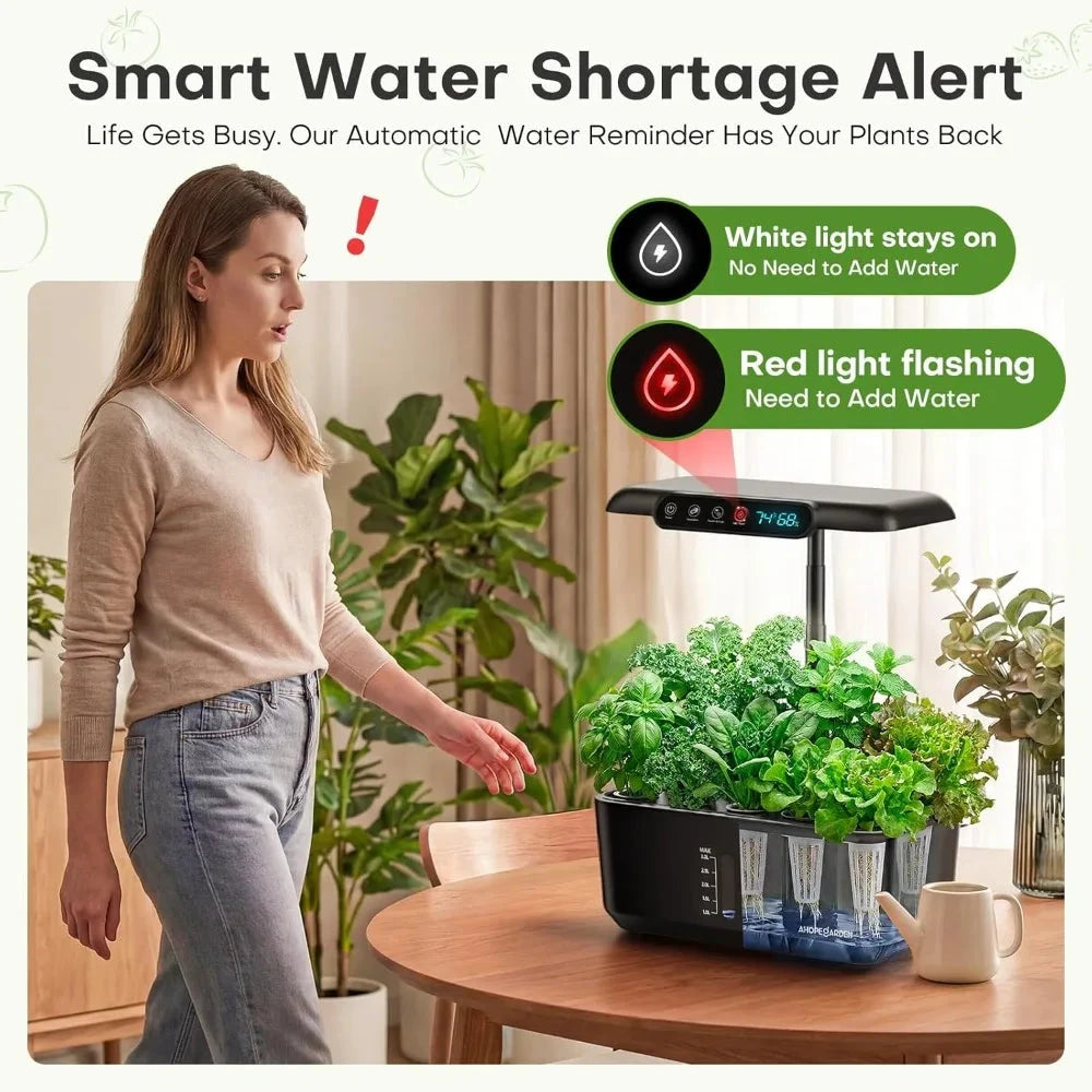 Smart indoor herb garden with automatic water shortage alert and LED indicator lights for home use