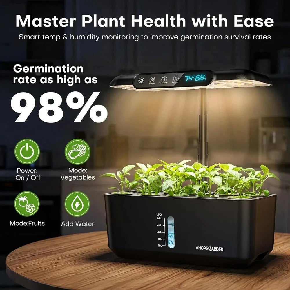 Smart indoor herb garden with LED grow light, digital display, and high germination rate for vegetables and fruits