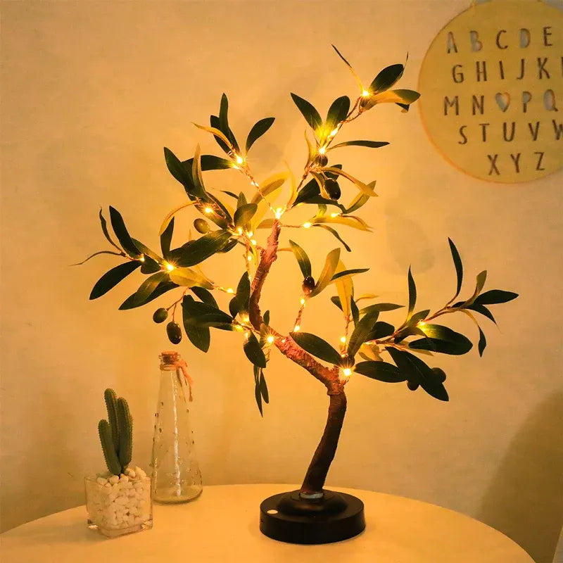 Olive tree lamp with warm fairy lights, perfect for cozy home decor and ambient lighting