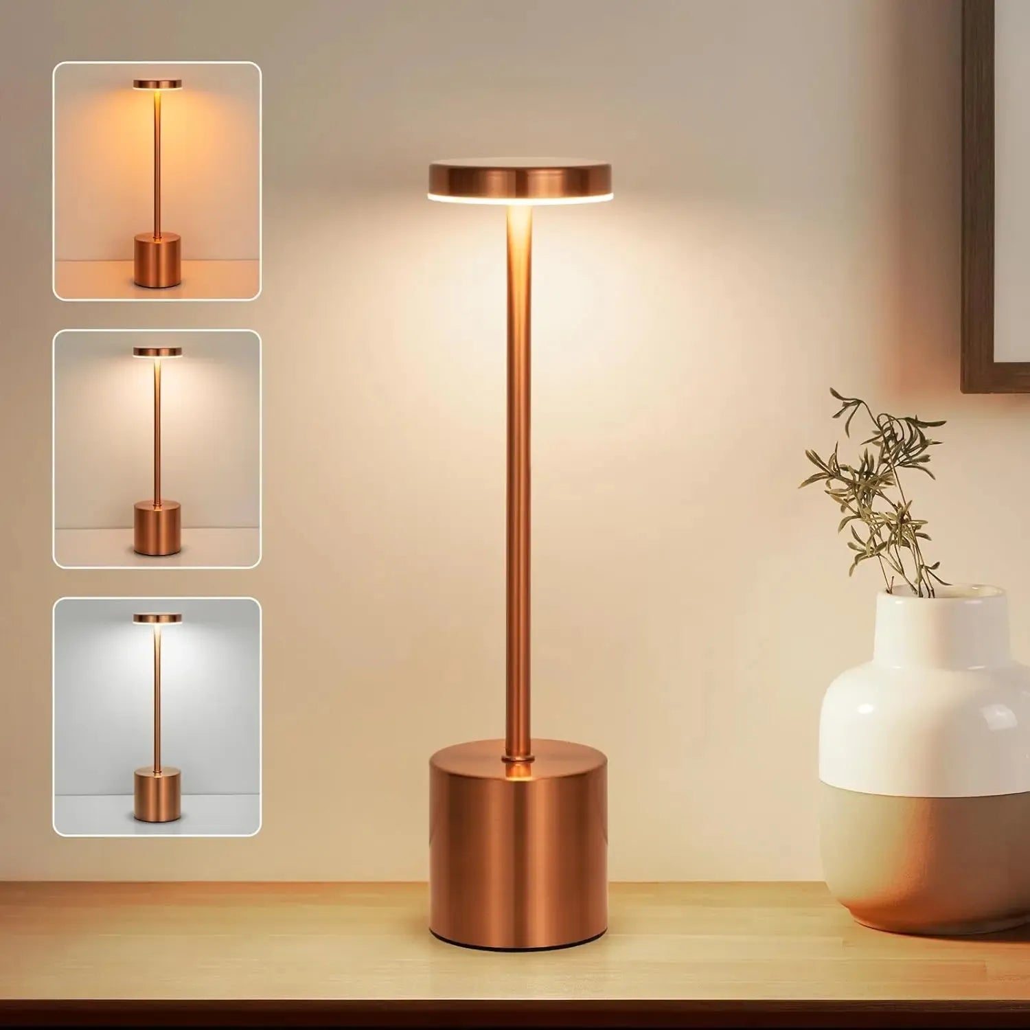 Modern copper table lamp with adjustable warm white LED light, perfect for cozy home decor and ambient lighting.