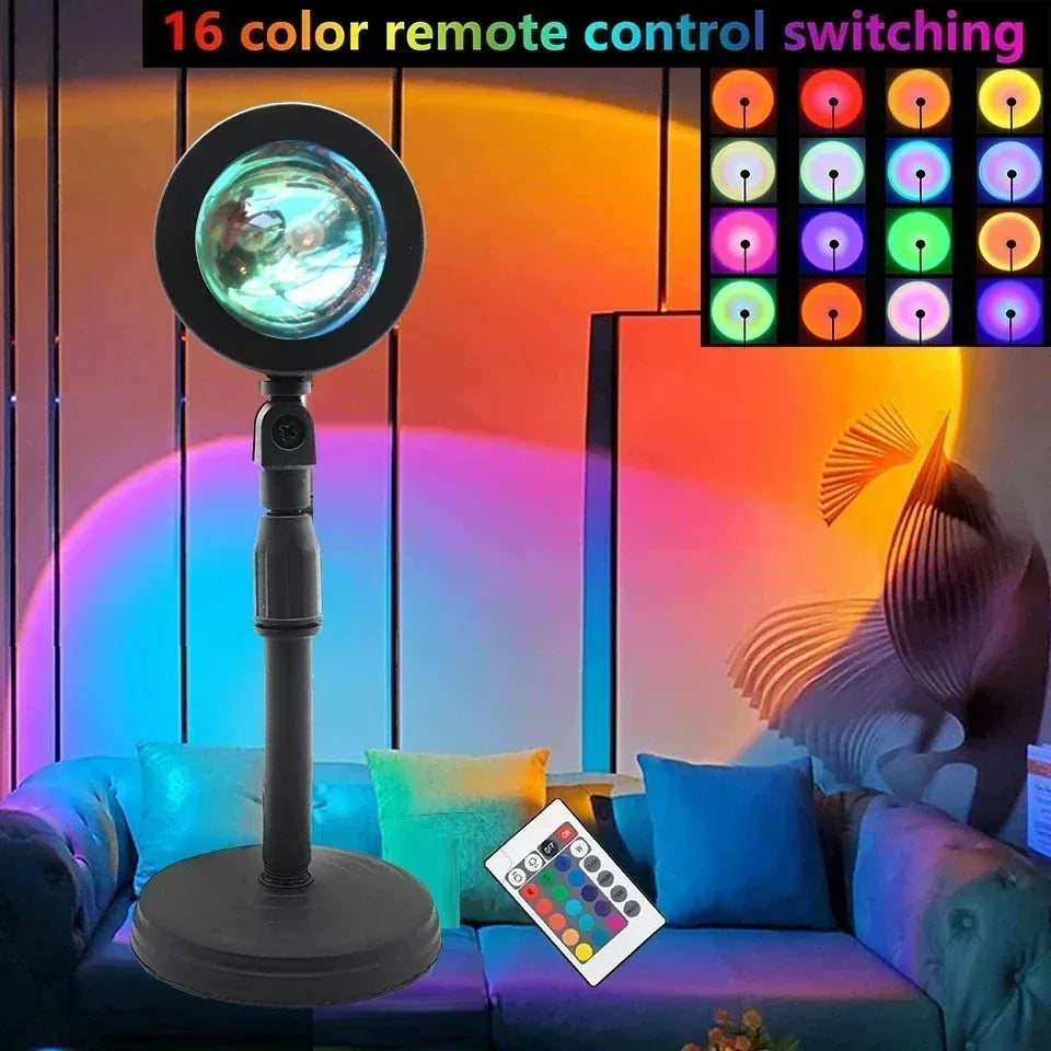 16-color LED mood lamp with remote control, casting vibrant rainbow glow in living room