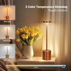 Modern copper table lamp with 3 color temperature dimming, touch control, beside yellow tulips on nightstand