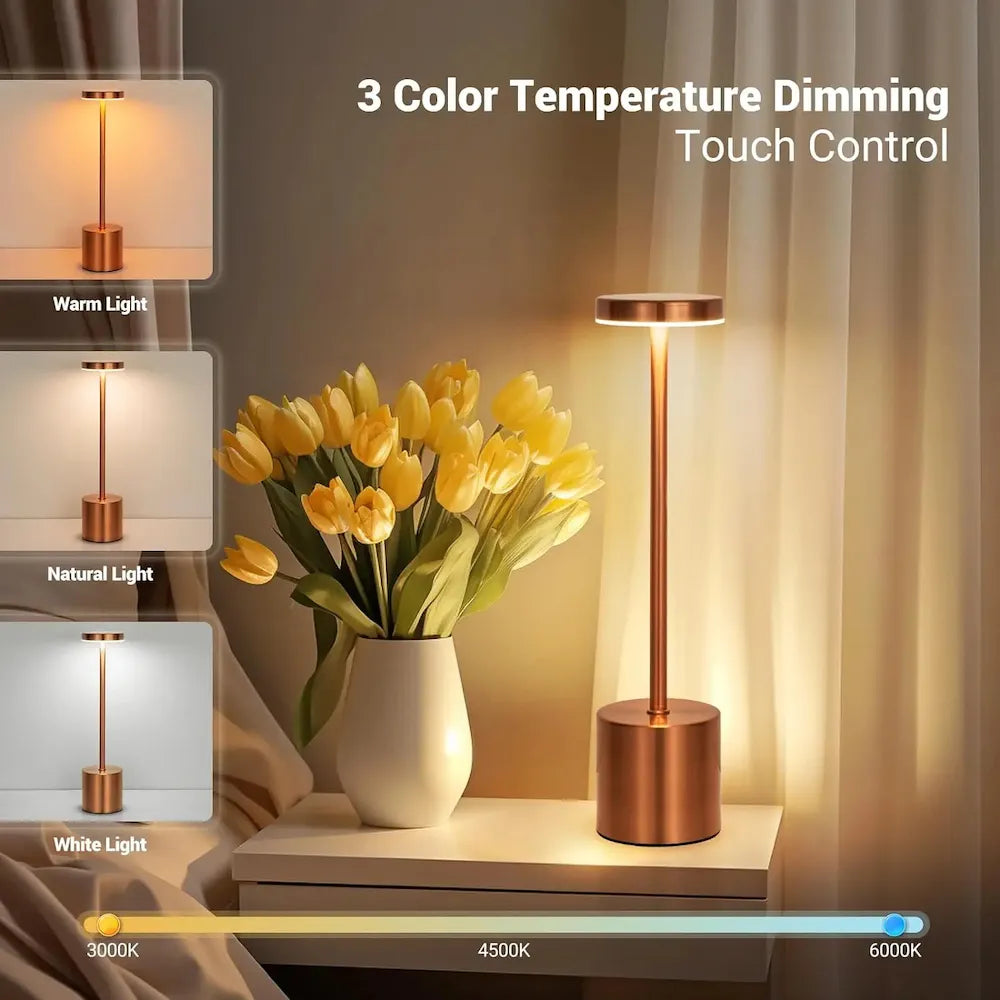 Modern copper table lamp with 3 color temperature dimming, touch control, beside yellow tulips on nightstand