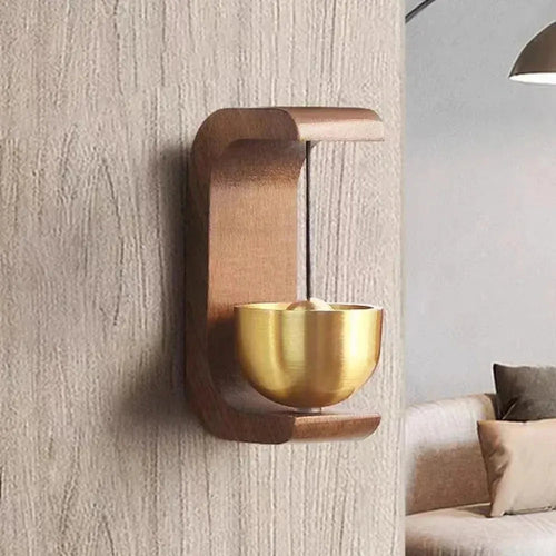 Modern wooden wall sconce with gold bowl accent, minimalist home decor lighting