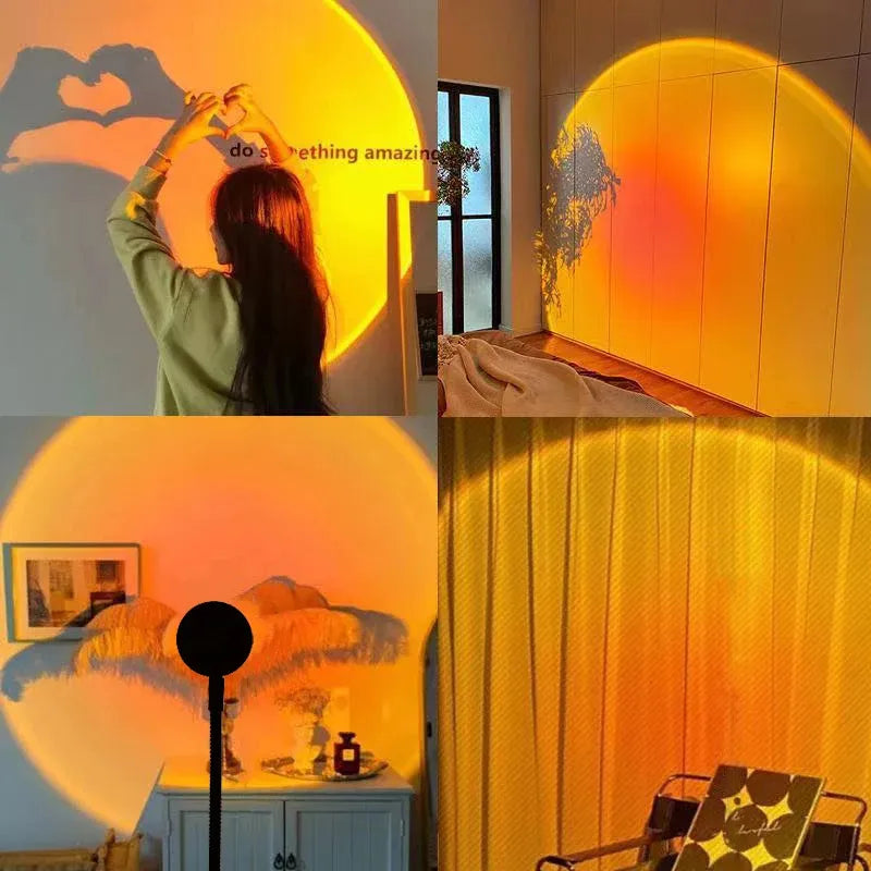 Cozy sunset projector lamp casting warm golden glow & heart shadows in bedroom, perfect for ambiance