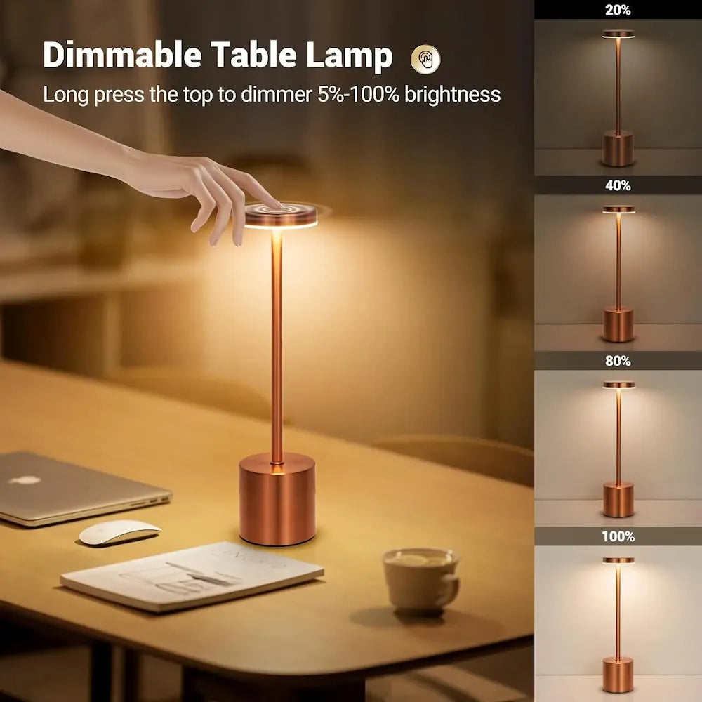 Dimmable table lamp with touch control, adjustable brightness 5%-100%, modern copper design for desk or bedside use