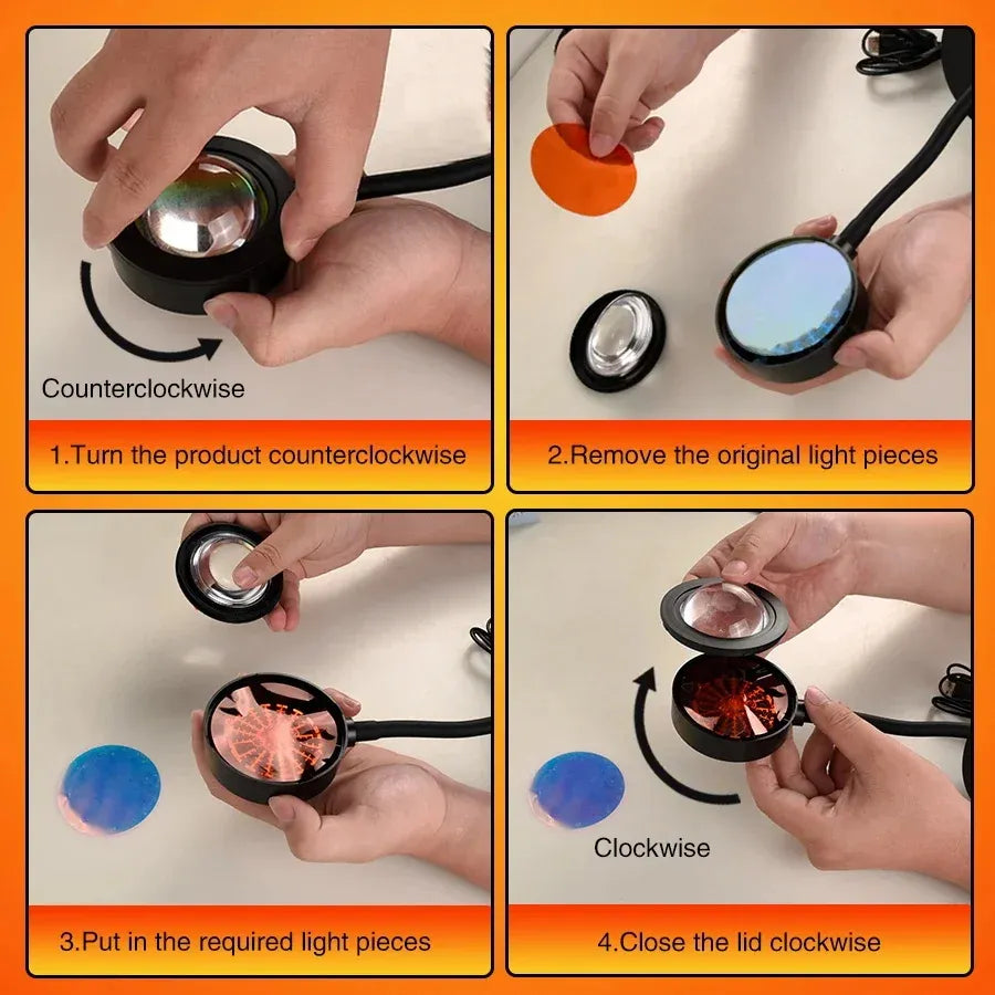 Step-by-step guide to replace light pieces in a decorative lamp, turning counterclockwise and clockwise