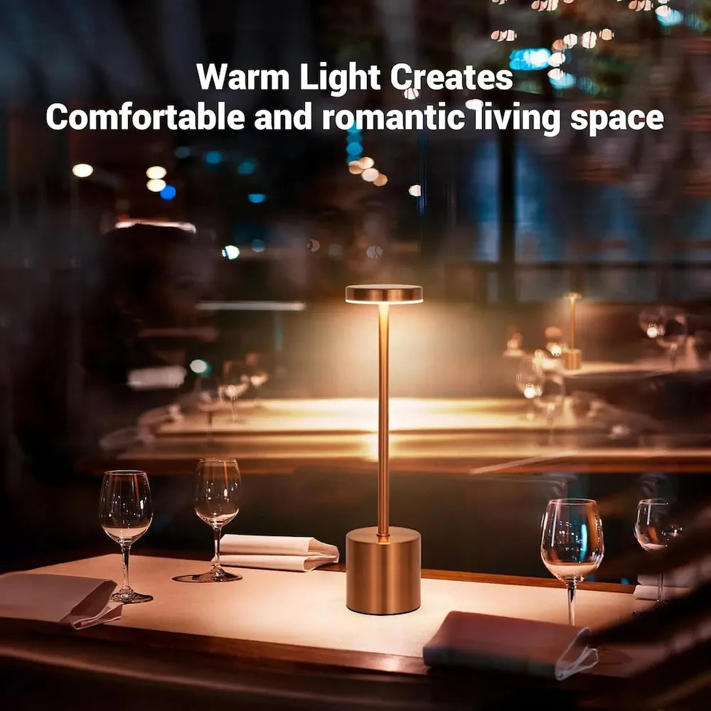 Warm ambient table lamp for cozy, romantic dining space with soft golden glow