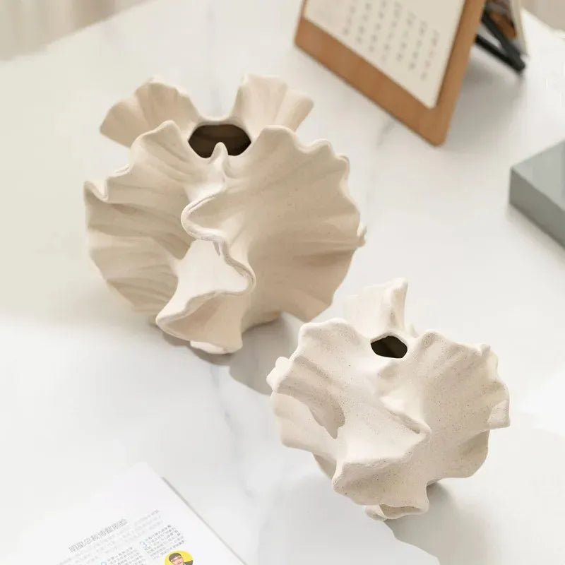Modern ceramic flower vase with ruffled petal design, minimalist home decor accent piece