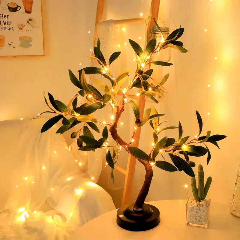 Cozy olive tree with warm fairy lights, perfect for bedroom or living room decor