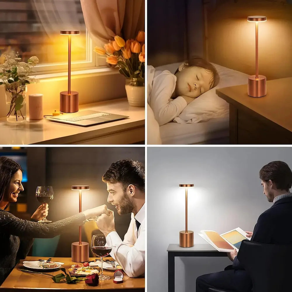 Modern copper table lamp for cozy home ambiance, perfect for reading, dining, or bedside use.
