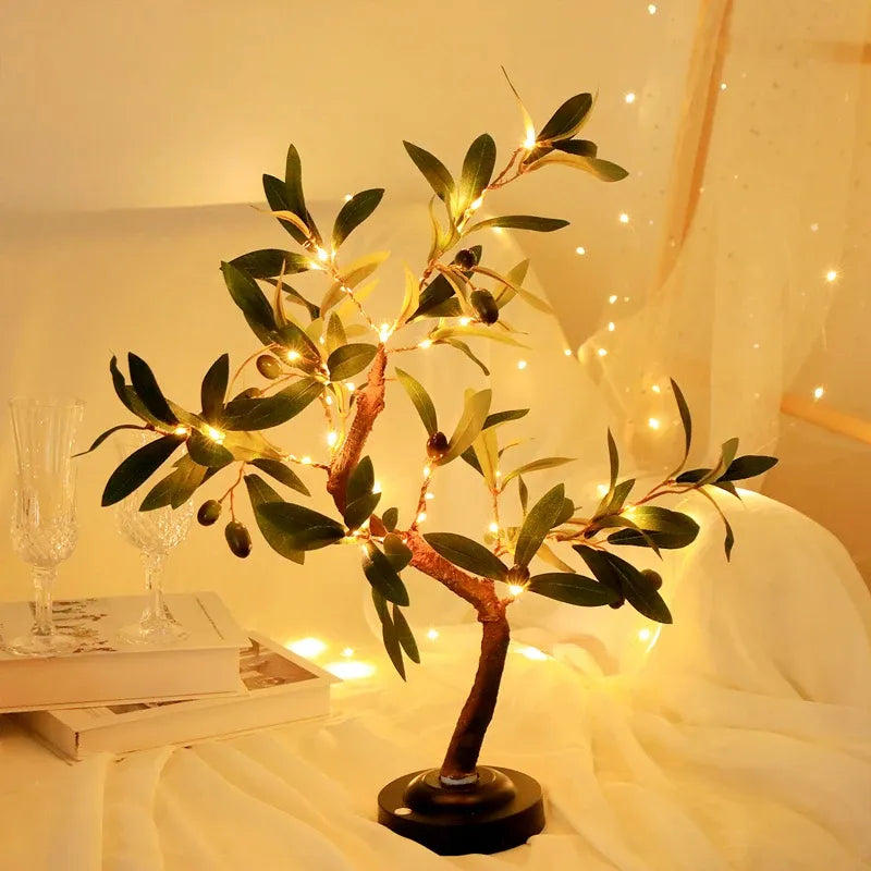 Olive tree with warm fairy lights, cozy bedroom decor, soft glow ambiance