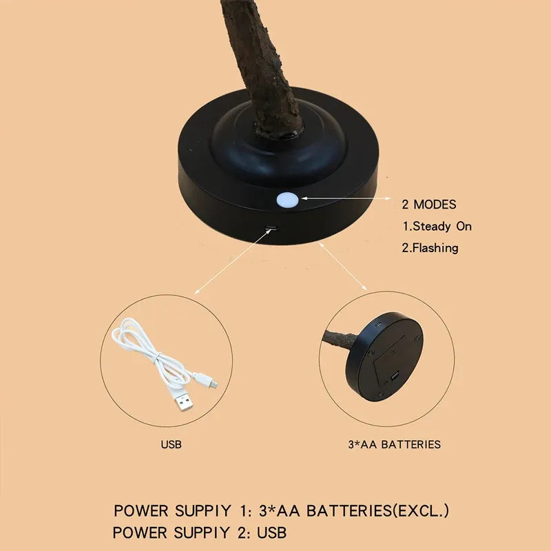 Tree branch lamp base with 2 light modes, powered by USB or 3 AA batteries, cozy home decor