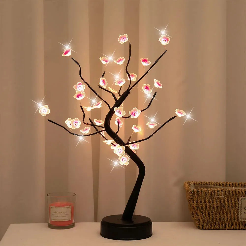 Cherry blossom LED table lamp with glowing pink flowers, cozy bedroom decor accent light
