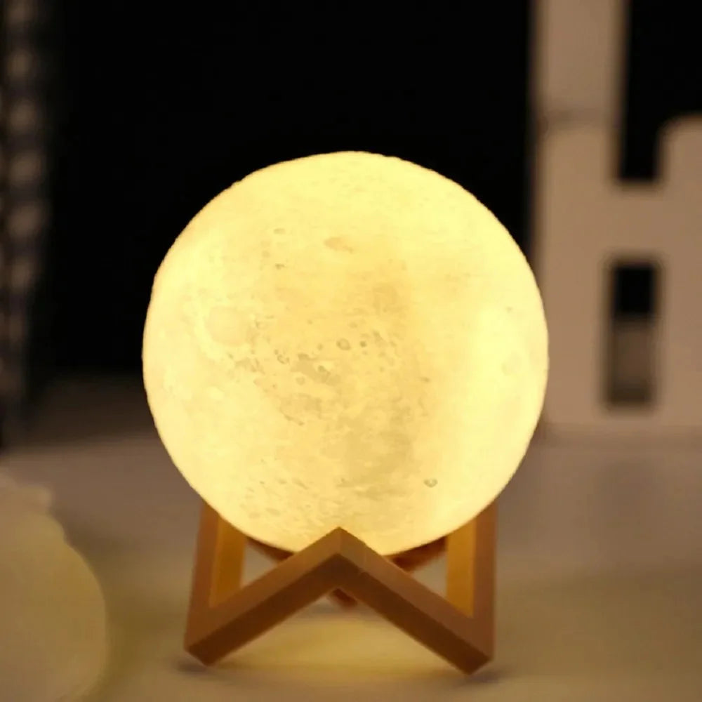 Glowing 3D moon lamp on wooden stand, cozy ambient night light for bedroom decor