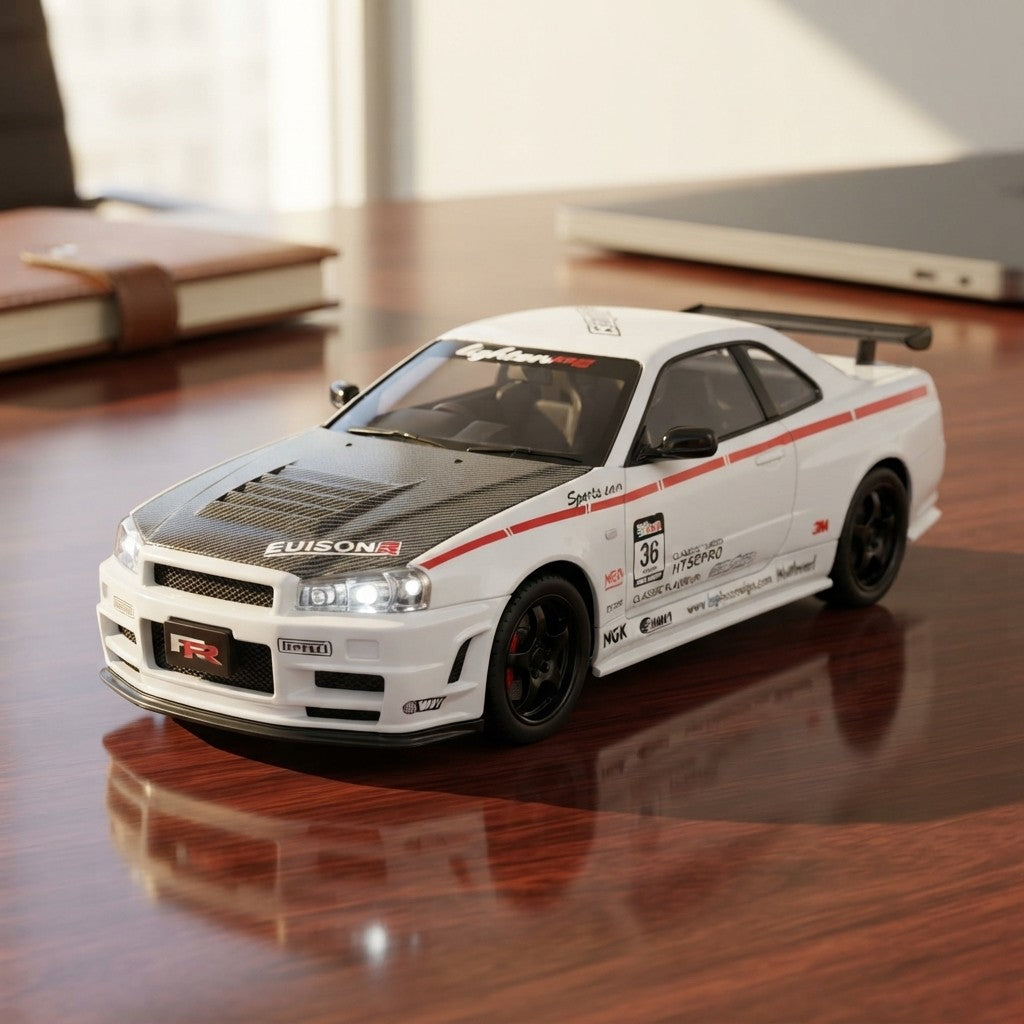 White Nissan Skyline GT-R diecast model with carbon hood, racing decals, and black rims on wooden desk